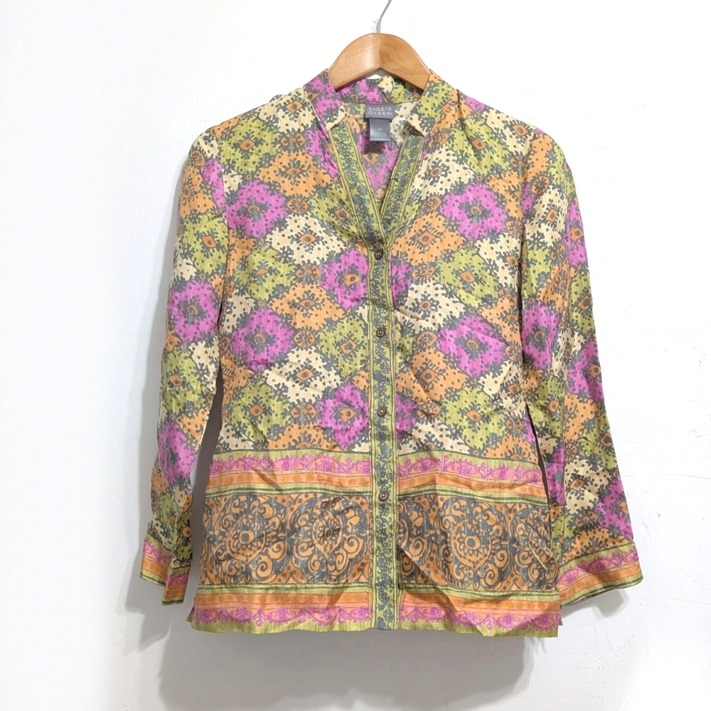 Sigrid Olsen 100% Silk Button Up Shirt Blouse Top Boho indie ikat